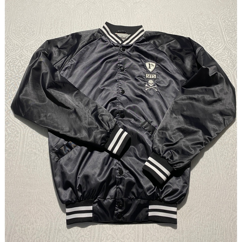 Cardinal Subrosa Black Satin Varsity Bomber Jacket SFFS Skull 1% Patch Mens S
